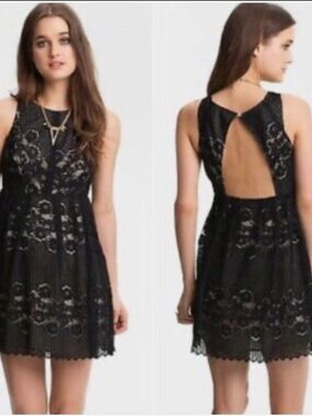 Free People Rocco Black Lace Illusion Fit and Flare Babydoll Mini Dress l